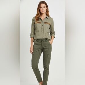 J Crew Army Green 1/2 Button Down Pullover With Pocket Gold Beading Sz 2 NWOT